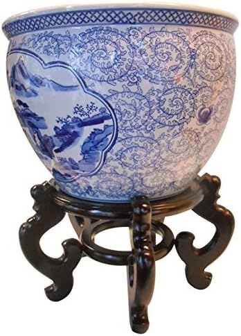 Blue and White Porcelain Garden Pots Painted Landscape (10" W x 8" H | Inside Rim 8" | Base 6.5")