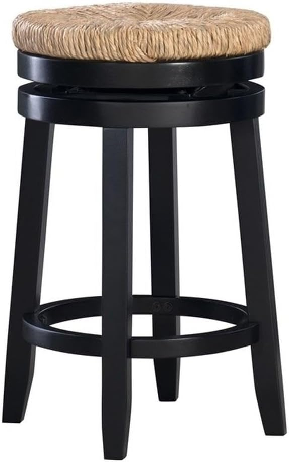 Linon Maya 25.5" Rubberwood Counter Stool Natural Seagrass Swivel Seat in Black