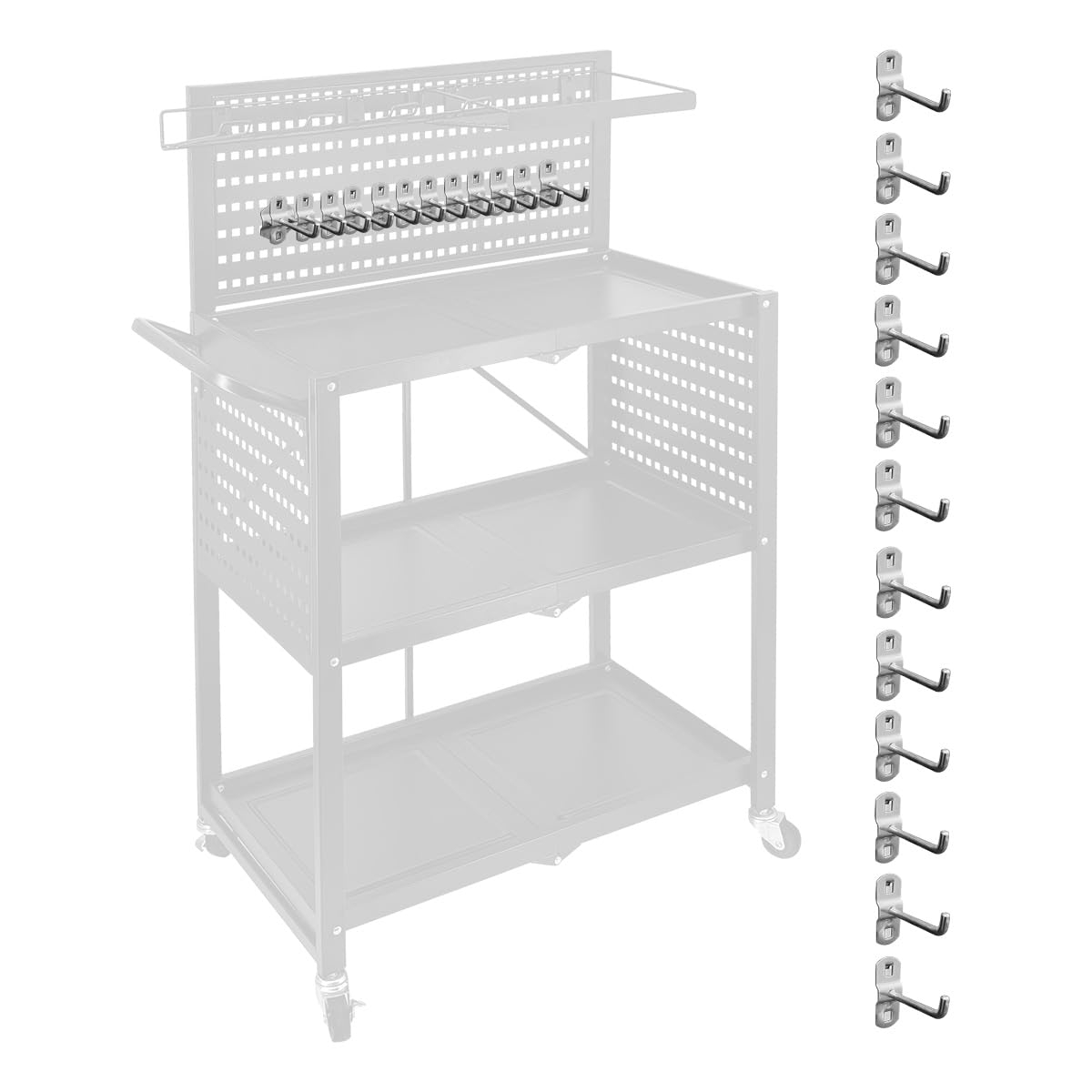 Lumizone 3-Tier Foldable Rolling Tool Cart with Wheels, Utility Cart with Pegboard and Hooks for Garage Organizer and Tool Storage, Power Tool Storage Cart on Wheels (Tool Cart+Hooks)