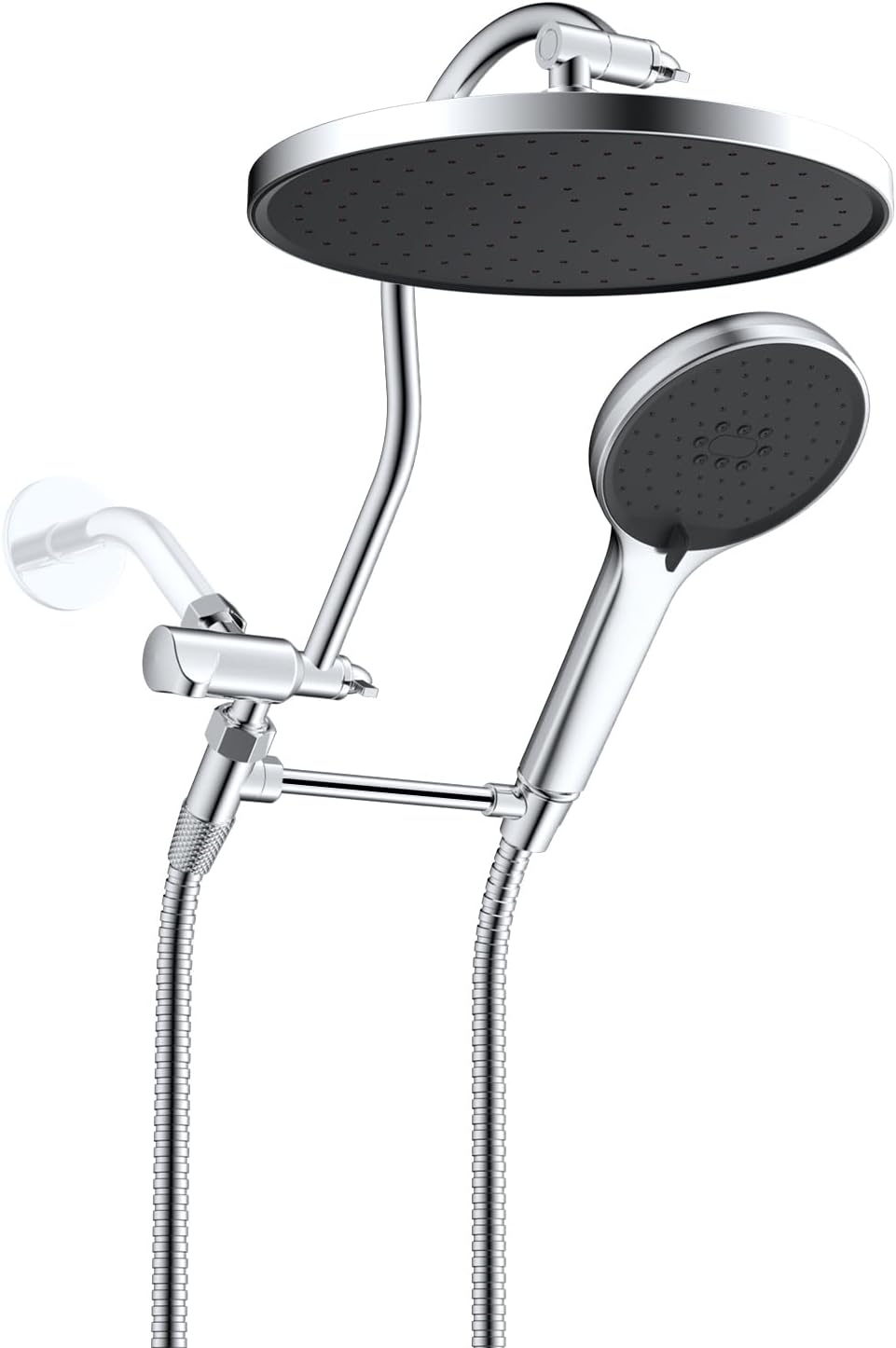 Hibbent Self-cleaning Shower Head, 10'' High Pressure Rainfall Showerhead, Showerhead Combo/Handheld Shower Head, 12'' Adjustable Curved Shower Extension Arm, 71'' Hose, 2 Shower Head Holders, Chrome