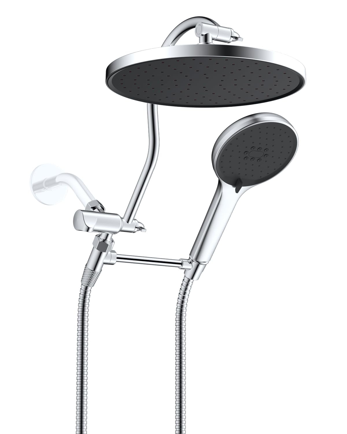 Hibbent Self-cleaning Shower Head, 10'' High Pressure Rainfall Showerhead, Showerhead Combo/Handheld Shower Head, 12'' Adjustable Curved Shower Extension Arm, 71'' Hose, 2 Shower Head Holders, Chrome