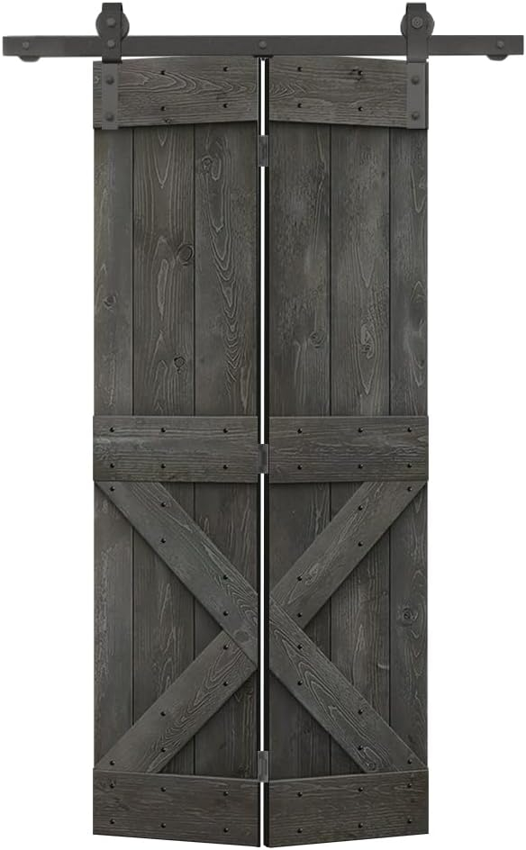 36 in. x 84 in. Mini X Series Carbon Gray Stained DIY Wood Bi-Fold Barn Door with Sliding Hardware Kit
