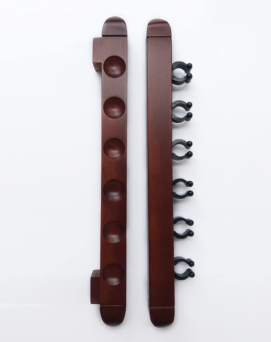 Billiard Wooden Cue Rack for 6 Pool Sticks, Wall Mount Hardwood Pool Cue Sticks Rack (Red)