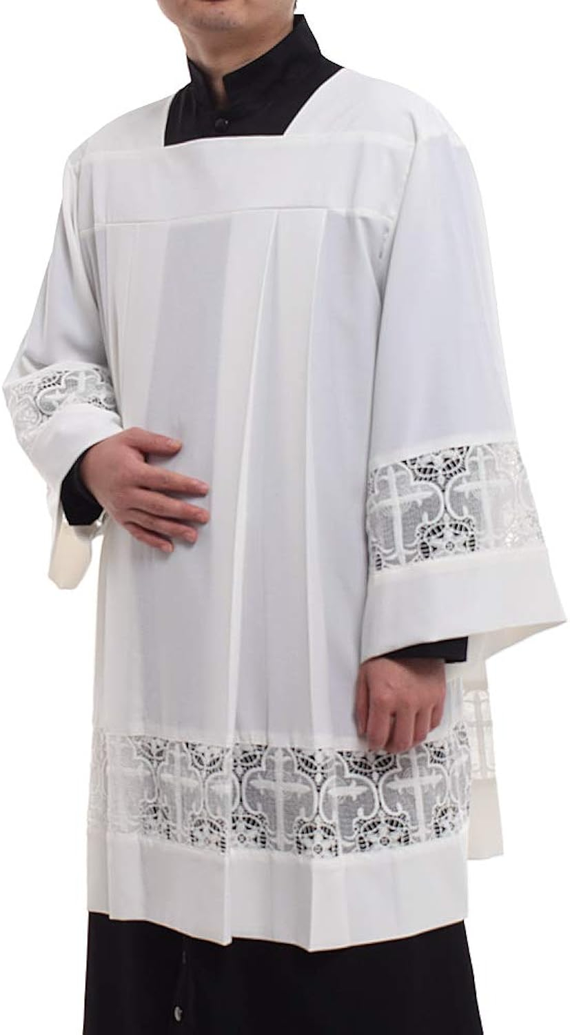 BLESSUME Catholic Pleated Lace Surplice Liturgical Cotta Vestment