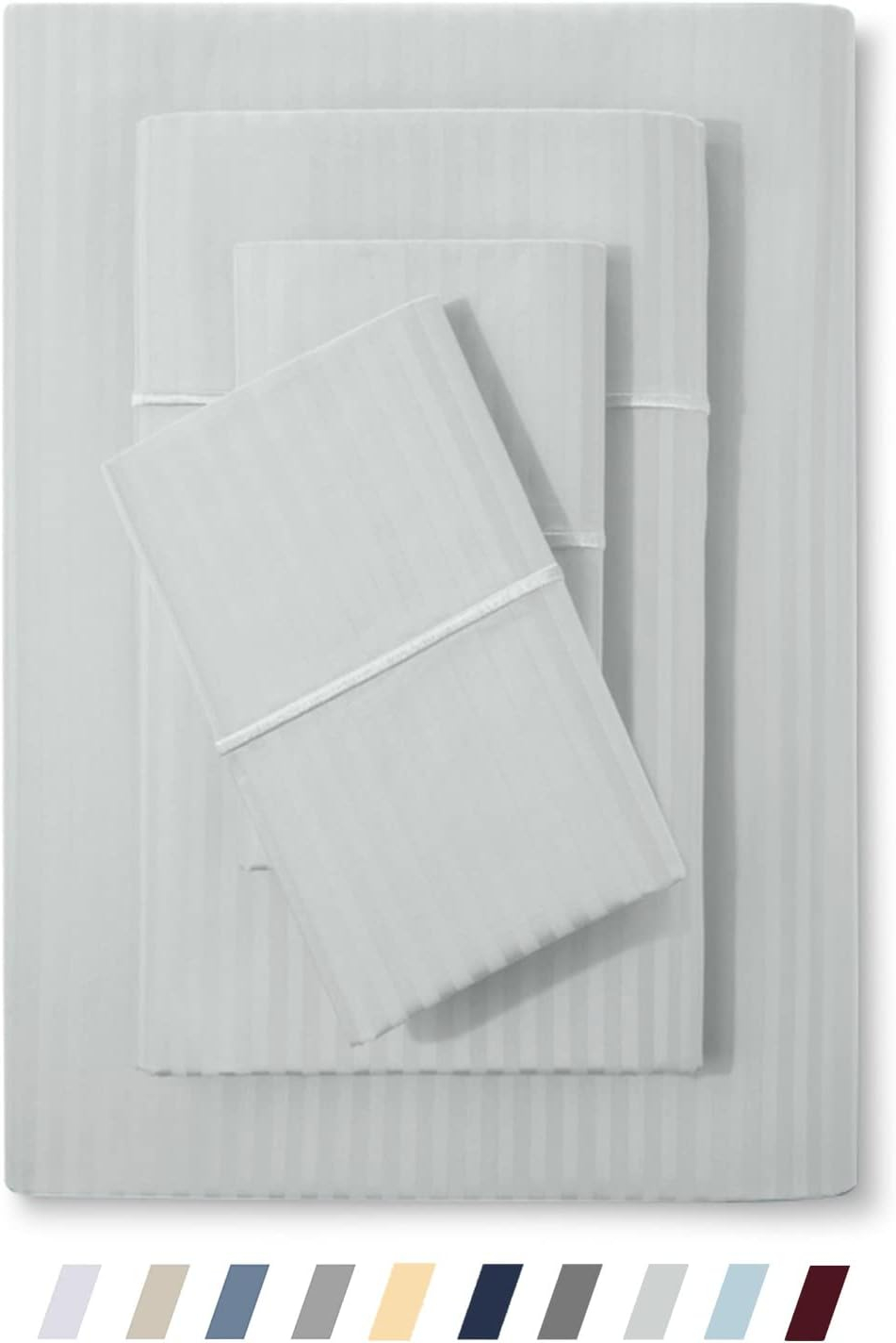 Feather & Stitch 500 TC Full Size Damask Bed Sheet Set, 100% Cotton Soft Breathable Bedsheets, 4 Piece 18" Deep Pockets Sateen Weave Striped Bedding Mattress Resort Hotel Luxury- (Blue Blush, Full)