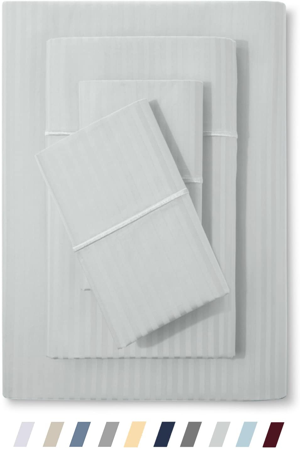 Feather & Stitch 500 TC Full Size Damask Bed Sheet Set, 100% Cotton Soft Breathable Bedsheets, 4 Piece 18" Deep Pockets Sateen Weave Striped Bedding Mattress Resort Hotel Luxury- (Blue Blush, Full)