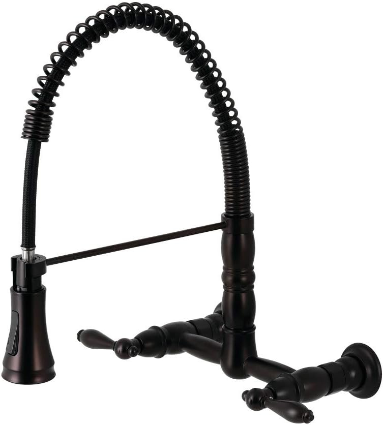 Kingston Brass Heritage Double-Handle 2-Hole Wall-Mount Pre-Rinse Bridge Kitchen Faucet