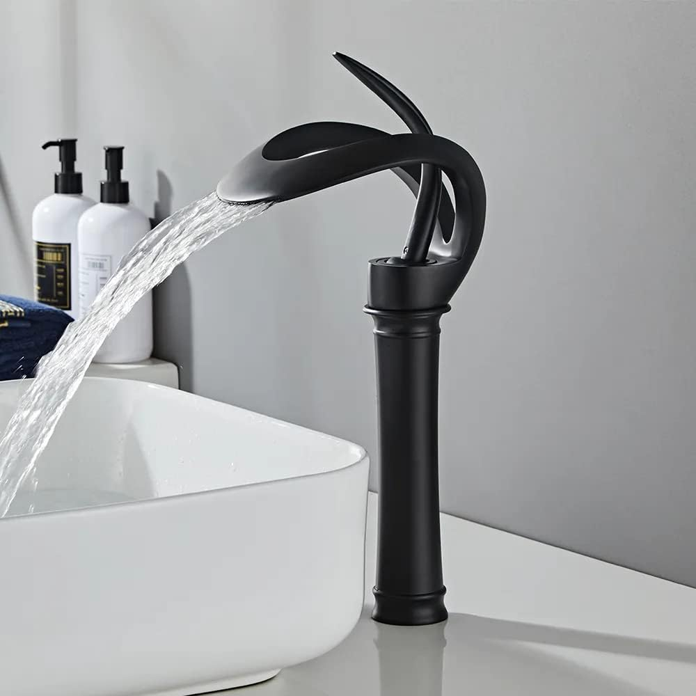 Tall Black Brass Waterfall Single Handle Bathroom Faucet