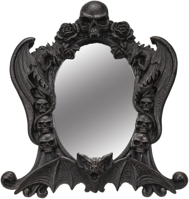 Gothic Black Resin Mirror with Skulls, Roses, and Bats
