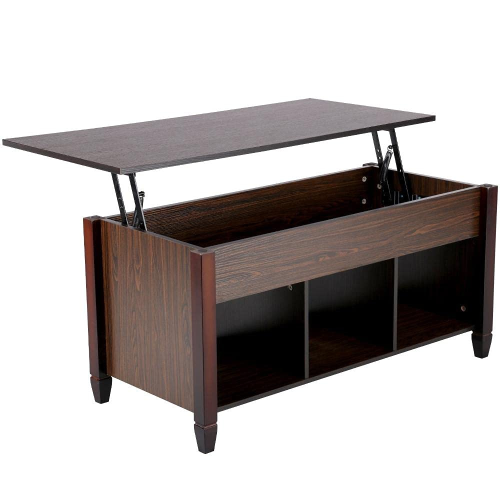 Lift Top Coffee Table with Storage Hidden Compartment & Shelf, Adjustable Height Pop-Up Center Table for Home, Living Room, Reception, Dark Brown, 41.1in L