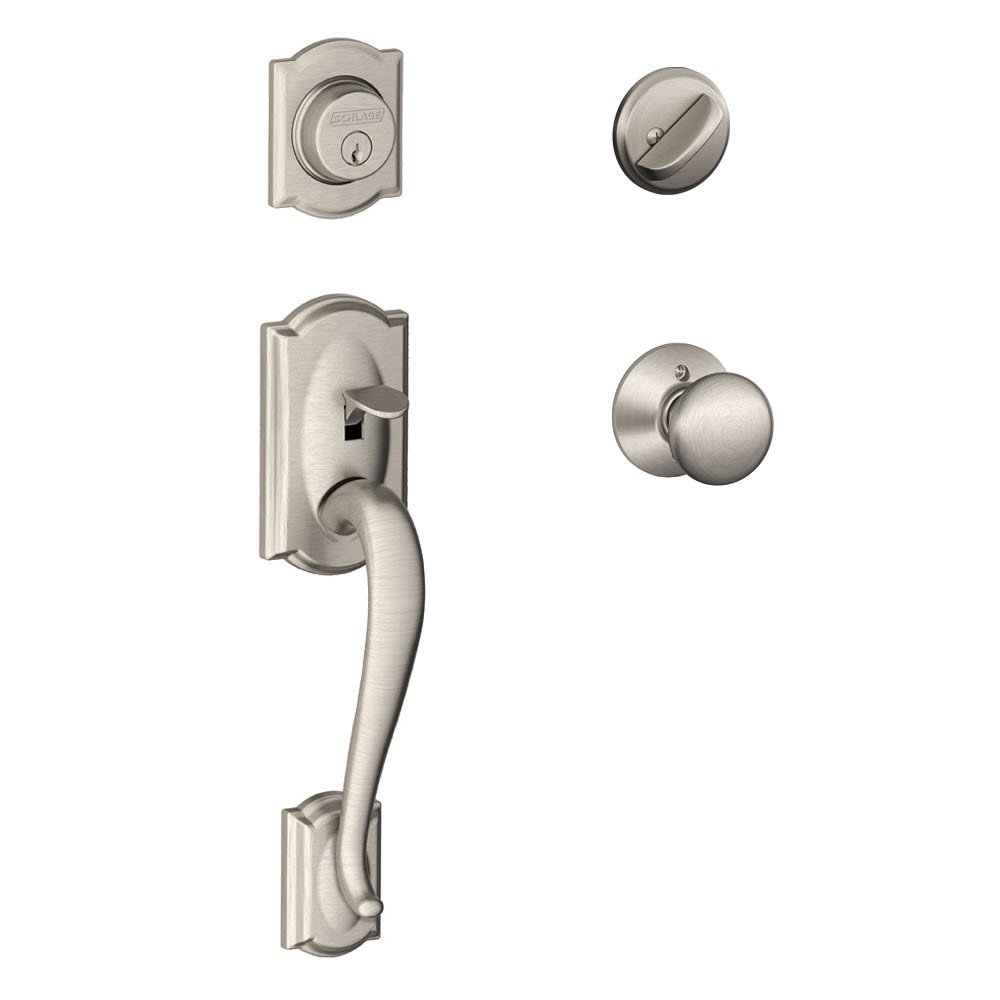 Camelot Handleset with Single Cylinder Deadbolt and Plymouth Door Knob and Rosette
