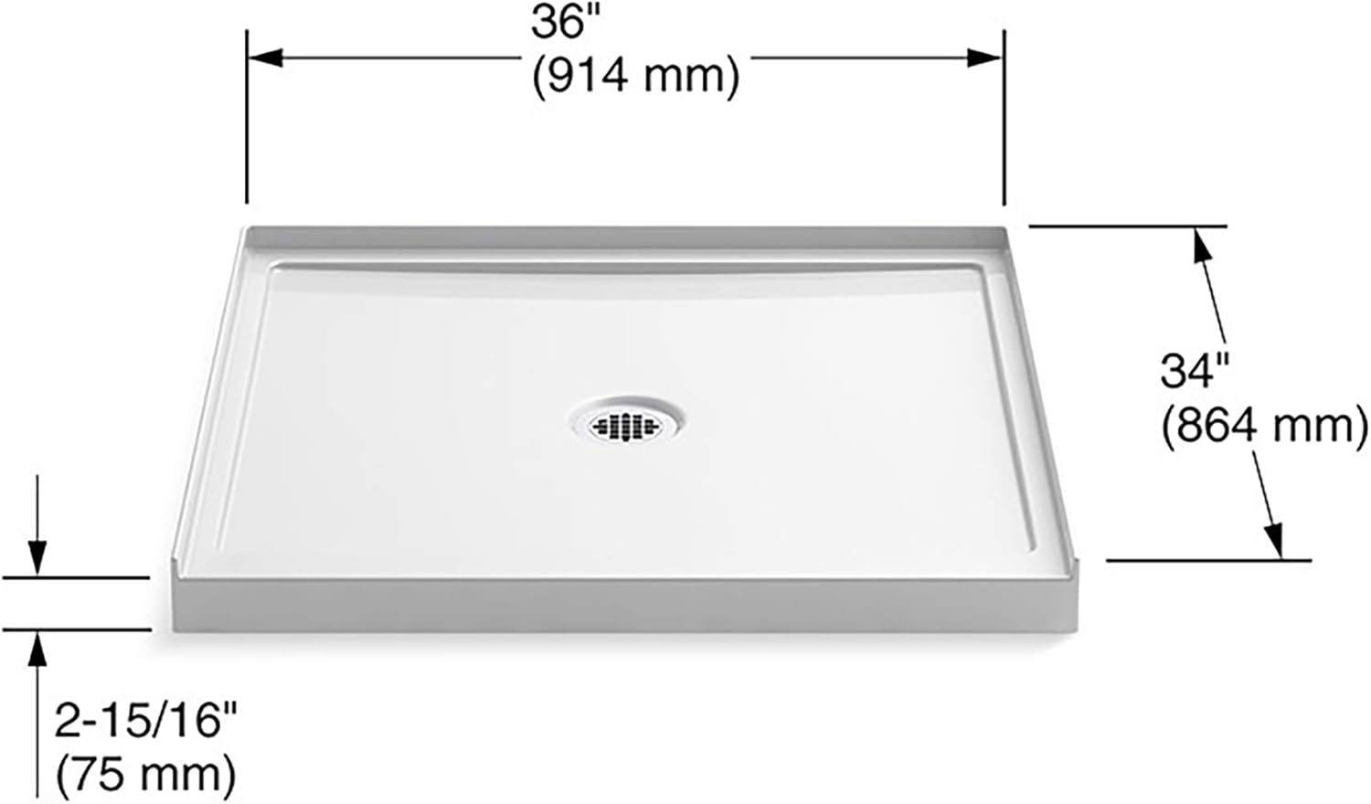White Acrylic Single-Threshold Shower Base with Center Drain, 36" x 34"