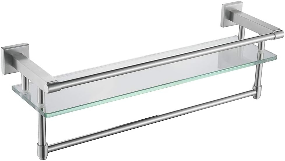 Alise Bathroom Glass Shelf Wall Mounted, Tempered Glass Bathroom Shelf with Towel Bar, SUS304 Stainless Steel Modern Floating Shelf, Brushed Nickel, 20 inch