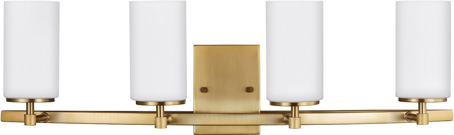 Alturas 30.5 in. 4-Light Satin Brass Modern Contemporary Wall Bathroom Vanity Light with Satin Etched Glass Shades
