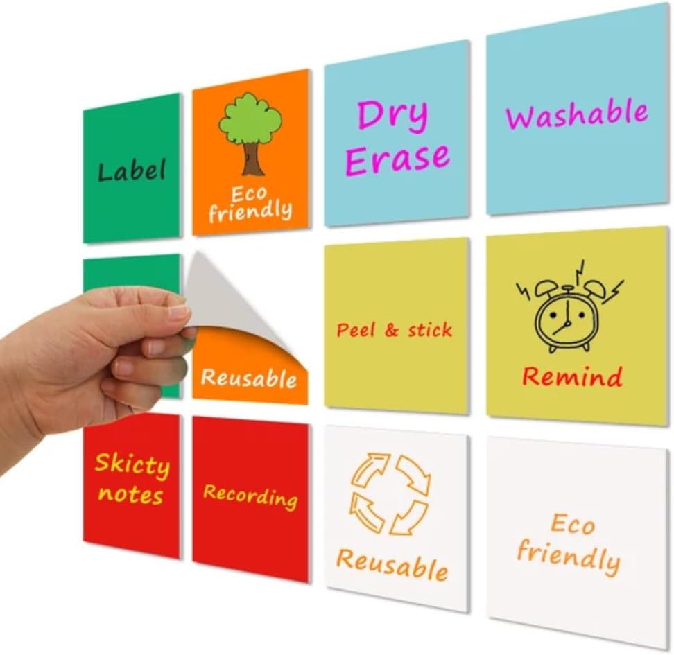 Reusable Dry Erase Sticky Notes with Dry Erase Markers & Clips. Multi-Color 4x4 6-Pack! Eco-Friendly & Washable-Perfect for Lists, Labels & Reminders. Your Sticky Note for Home & Office!