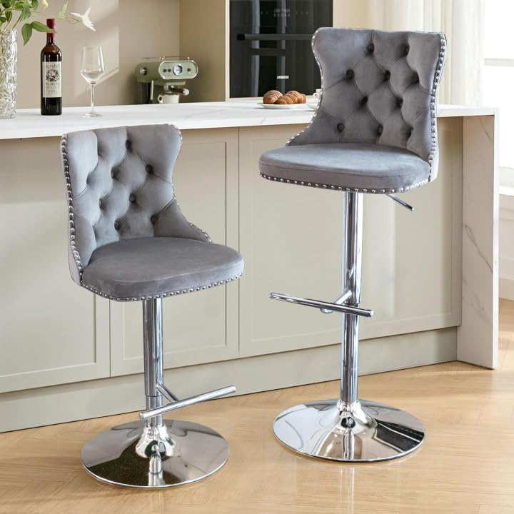 Swivel Bar Stools Set of 2, Adjustable Counter Height Barstools with Wing Back, Nailheads Trim and Sliver Footrest, Velvet Button Tufted Upholstered Bar Chairs for Dining Room Kitchen Island, Gray