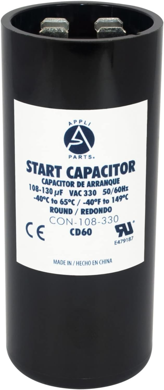 Appli Parts motor start capacitor 108-130 Mfd (microfarads) uF 330 VAC universal fit for electric motor applications 1-7/16 in Wide 3-3/8 in Height CON-108-330