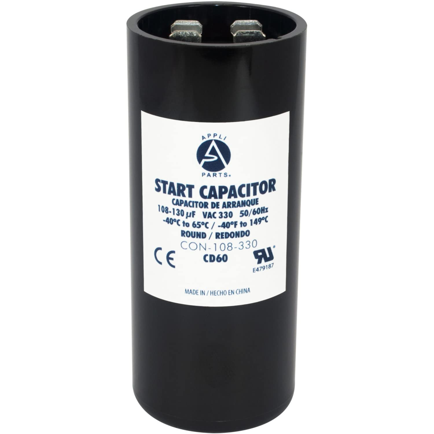 Appli Parts motor start capacitor 108-130 Mfd (microfarads) uF 330 VAC universal fit for electric motor applications 1-7/16 in Wide 3-3/8 in Height CON-108-330