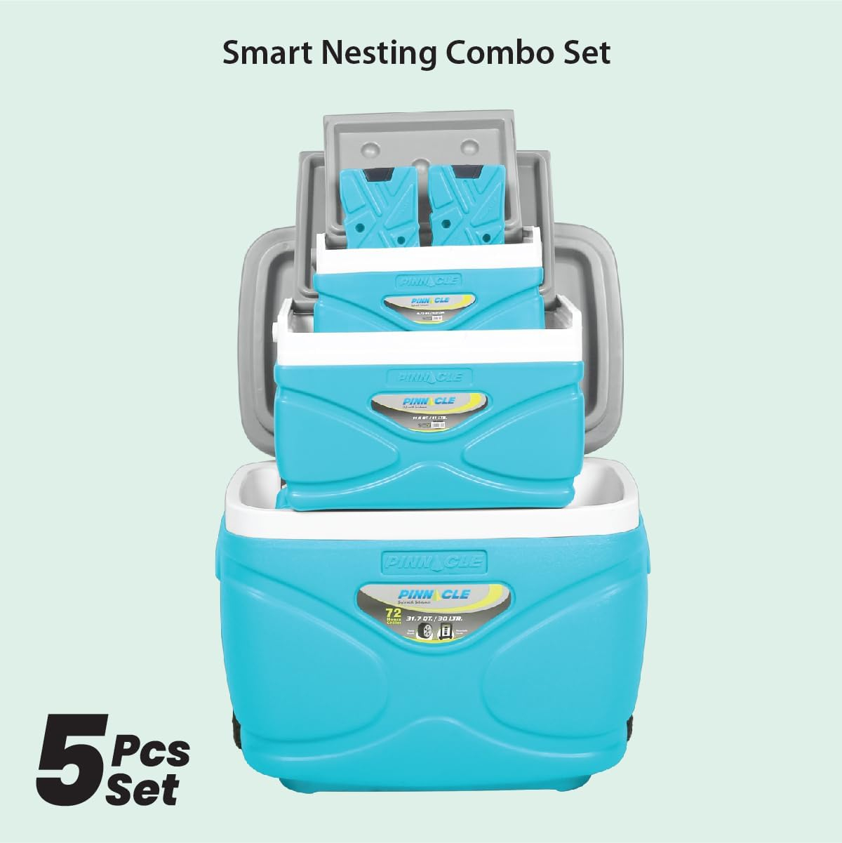 Pinnacle Cooler with Wheels – Practical Set of 30L Cooler with Wheels and Handle – Includes Smaller 11L and 4.5L Camping Coolers and 2 Ice Bricks – Cup Holder and Sitting Lid – Extended Cooling Time