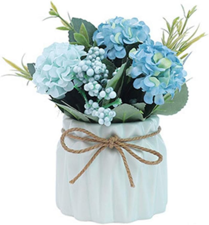 Fake Hydrangeas with Pot, Mini Hydrangea Artificial Flowers Artificial Plant in Ceramic Vase for Office Desktop Decorations (Blue)