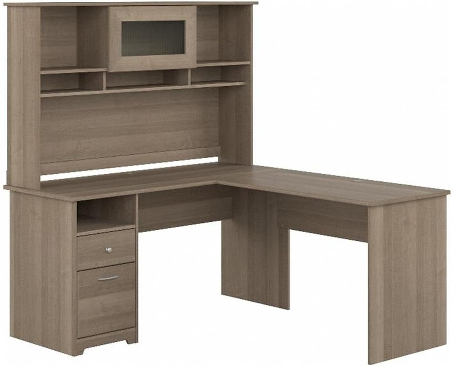 Cabot 60W L Shaped Computer Desk with Hutch in Ash Gray - Engineered Wood