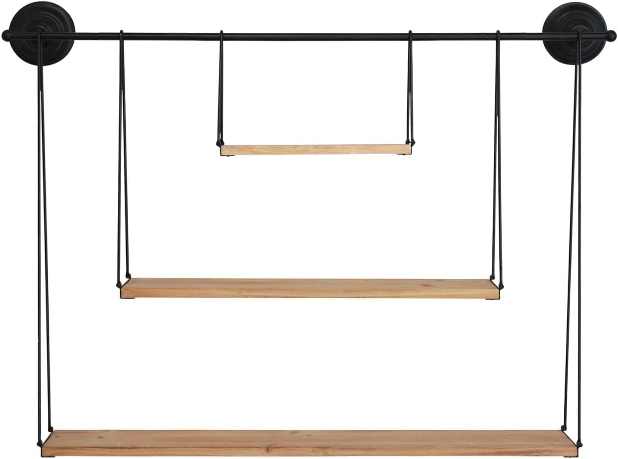 Stratton Home Decor Large 3 Tier Metal and Wood Hanging Wall Shelf, Black