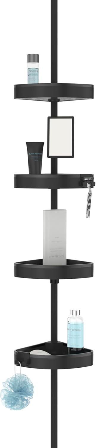 Better Living Products HiRISE 4 Tension Shower Caddy with Mirror Black