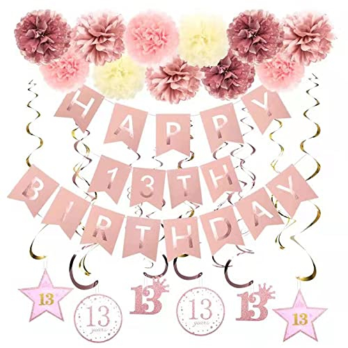 Rose Gold 13th Birthday Party Decors , Rose gold Glittery Happy 13th Birthday Banner,Poms,Sparkling Hanging Swirls Kit for 13th Birthday Party Supplies