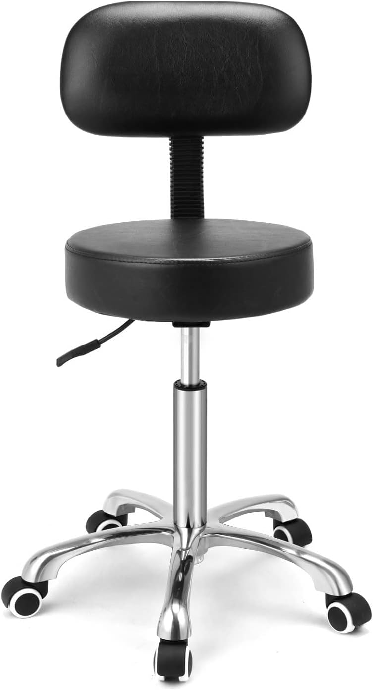 Kaleurrier Rolling Stool Salon Chair with Smooth-Rolling Wheels 360-degree Swivel Seat Heavy Duty Hydraulic Height Adjustable High Barber Cutting Stools (Black, with Backrest)