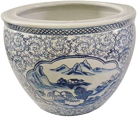 Blue and White Porcelain Garden Pots Painted Landscape (10" W x 8" H | Inside Rim 8" | Base 6.5")