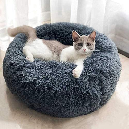 BODISEINT Modern Soft Plush Round Pet Bed for Cats or Small Dogs, Mini Medium Sized Dog Cat Bed Self Warming Autumn Winter Indoor Snooze Sleeping Cozy Kitty Teddy Kennel (20''D x 8'' H, Dark Grey)
