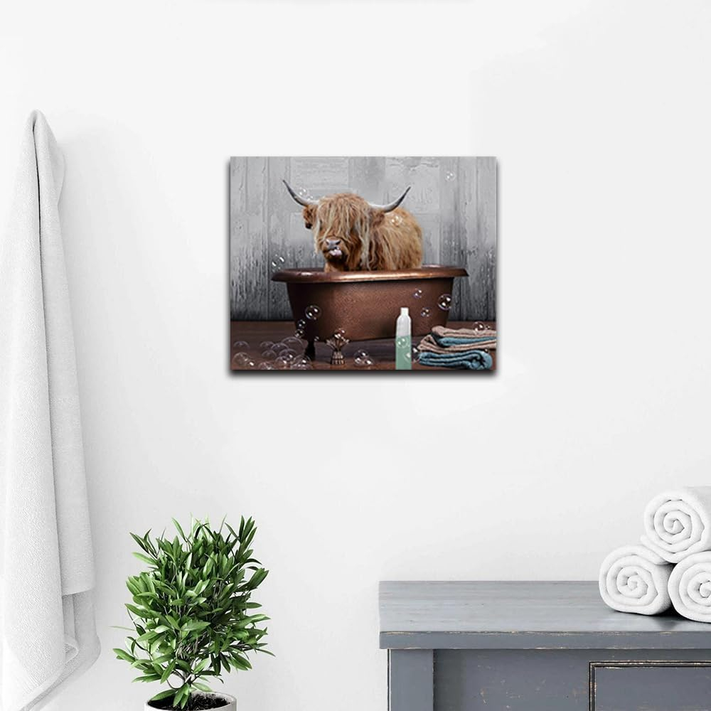 AXXPosters Cute Highland Cow Picture Wall Decor Highland Cattle in Bathtub Canvas Painting Village Animals Picture for Bathroom Decor Frame（Bathroom Animal-3，12.00" x 18.00"）