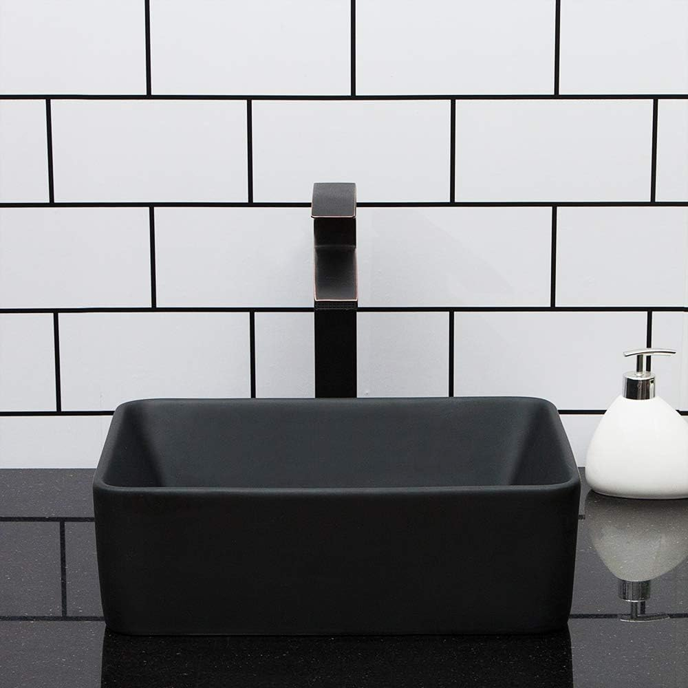 Kichae 16"x12" Vessel Sink Rectangle - Modern Above Matte Black Porcelain Ceramic Bathroom Vessel Vanity Sink Bowl Art Basin