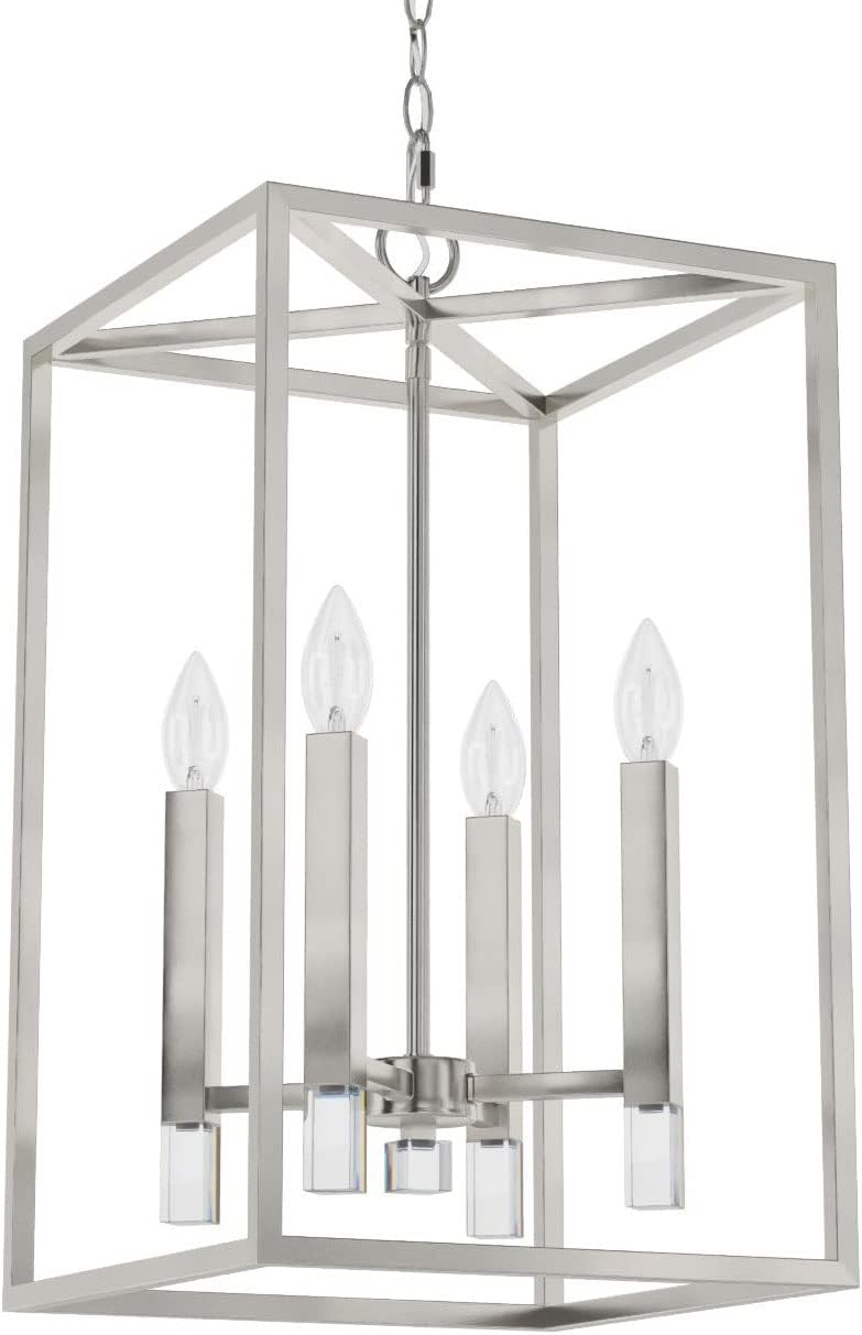 Hunter - Sunjai 4-light Brushed Nickel, Medium Size Pendant Light, Dimmable, Formal Style, Rectangle Shaped, for Bedrooms, Kitchens, Dining, Living Rooms - 19987