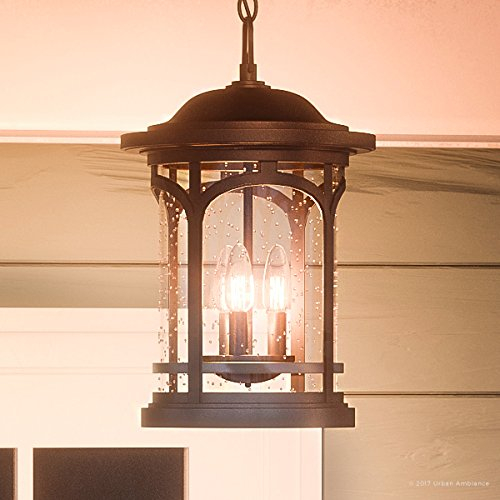 Urban Ambiance Luxury Rustic Outdoor Pendant Light, Large Size: 18"H x 11"W, with Colonial Style Elements, Wrought Iron Design, Oil Rubbed Parisian Bronze Finish and Seeded Glass, UQL1109