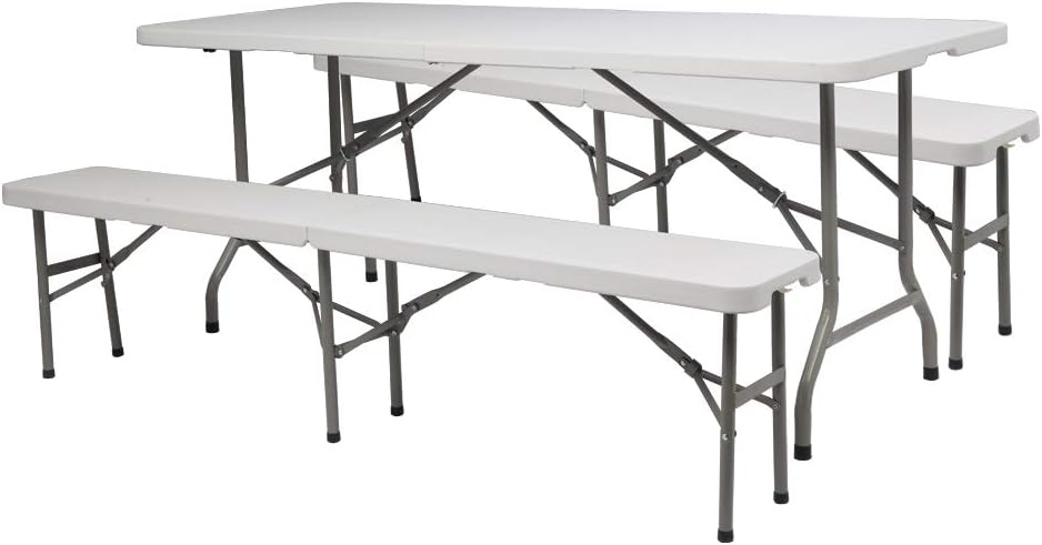 VINGLI 6 ft 3-Piece Portable Picnic White Table Bench Set, Weather-Resistant Plastic Folding Camping Beer Table w/Carrying Handles, for Family Garden Patio Outdoor Activities Use