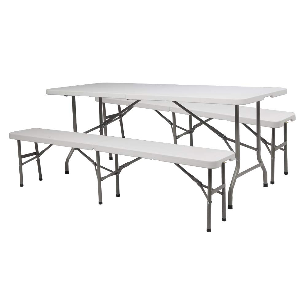 VINGLI 6 ft 3-Piece Portable Picnic White Table Bench Set, Weather-Resistant Plastic Folding Camping Beer Table w/Carrying Handles, for Family Garden Patio Outdoor Activities Use