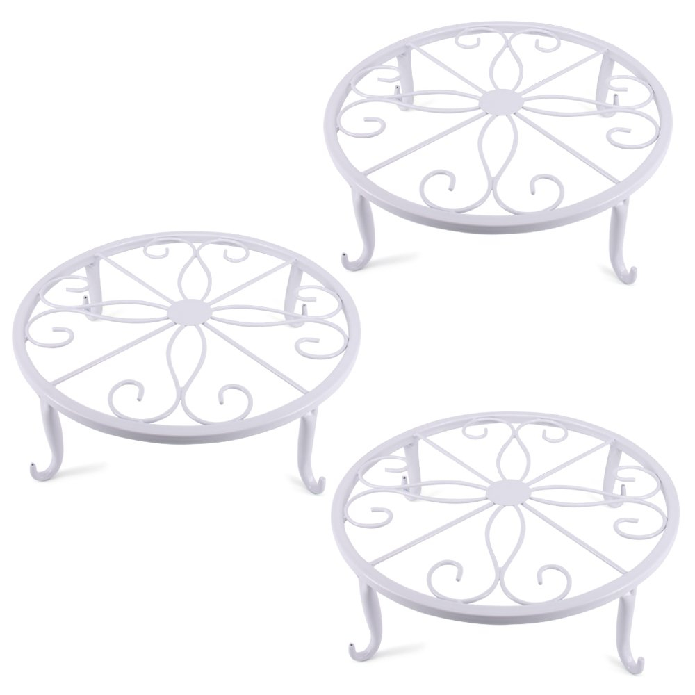 QISHENG Metal Plant Stand Wrought Iron Planter,Iron Art Flower Pot Supporting Stand Indoor Outdoor Garden Set of 3 (White)