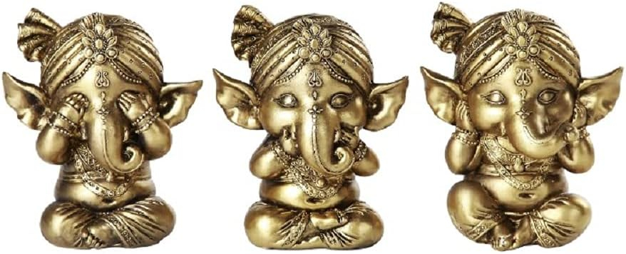 Pacific Giftware Set of Three Ganesha See No Evil Hear No Evil Speak No Evil Decorative Shelf Sitter Figurines 4 inch Tall Gold Finish