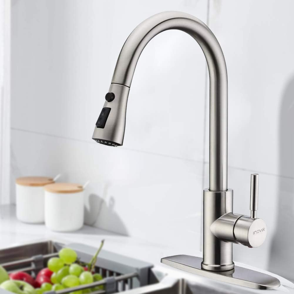 Kitchen Faucets Brushed Nickel Kitchen Faucet with Pull Down Sprayer High Arc Pull Out Kitchen Faucet Stainless Steel Kitchen Sink Faucets 1 or 3 Hole for Farmhouse Laundry Rv Bar Camper Home