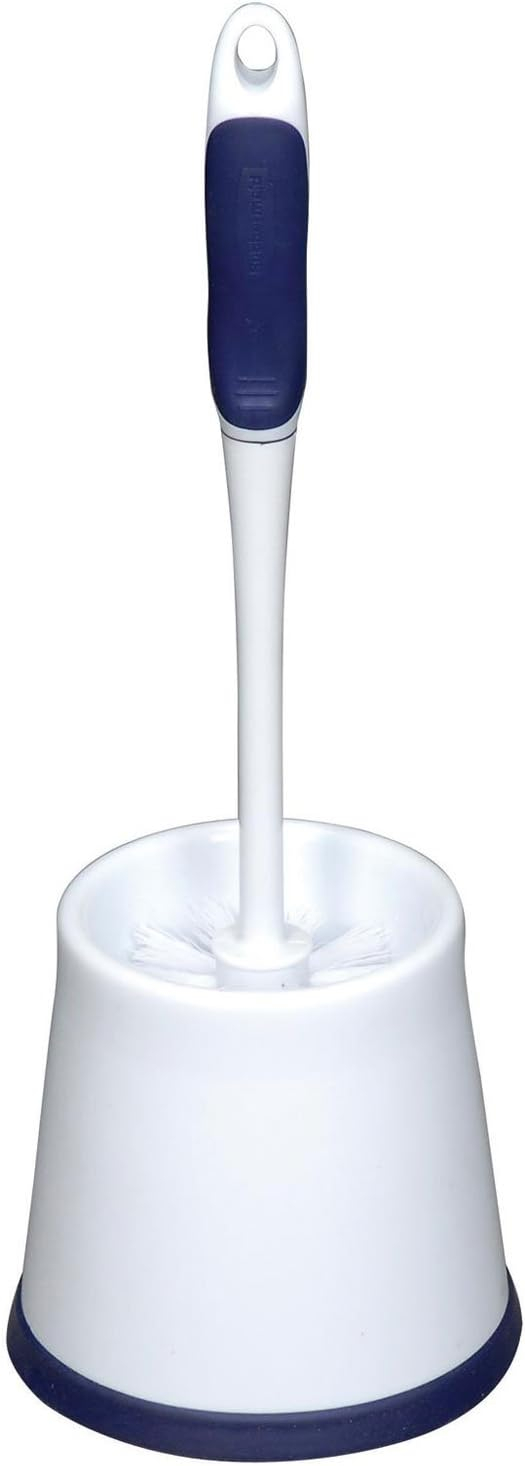 Rubbermaid Comfort Grip Toilet Bowl Brush and Caddy Set, Soft Rubber Handle, White/Blue, 16.5 Inch Single Brush and Caddy (FG6B9900)