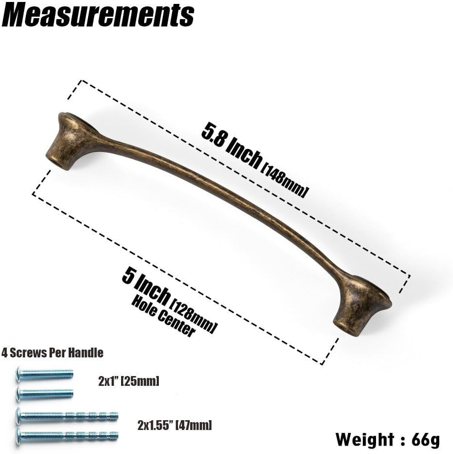 Goo-Ki 5''(128mm) Hole Centers Antique Brass Cabinet Pulls,Casual Luxury Solid Zinc Cabinet Handles for Drawer,Cupboard, Wardrobe,6 Pack