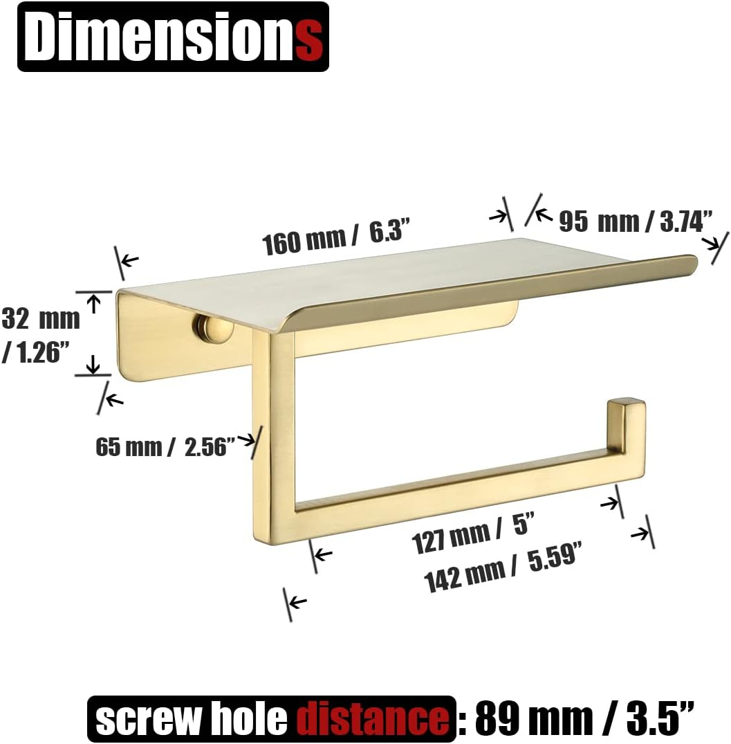 JQK Toilet Paper Holder Shelf, Bathroom Tissue Roll Holder with Phone Shelf, 5 Inch 304 Stainless Steel Tissue Paper Dispenser, Brushed Gold Finished Wall Mount, TPH202-BG