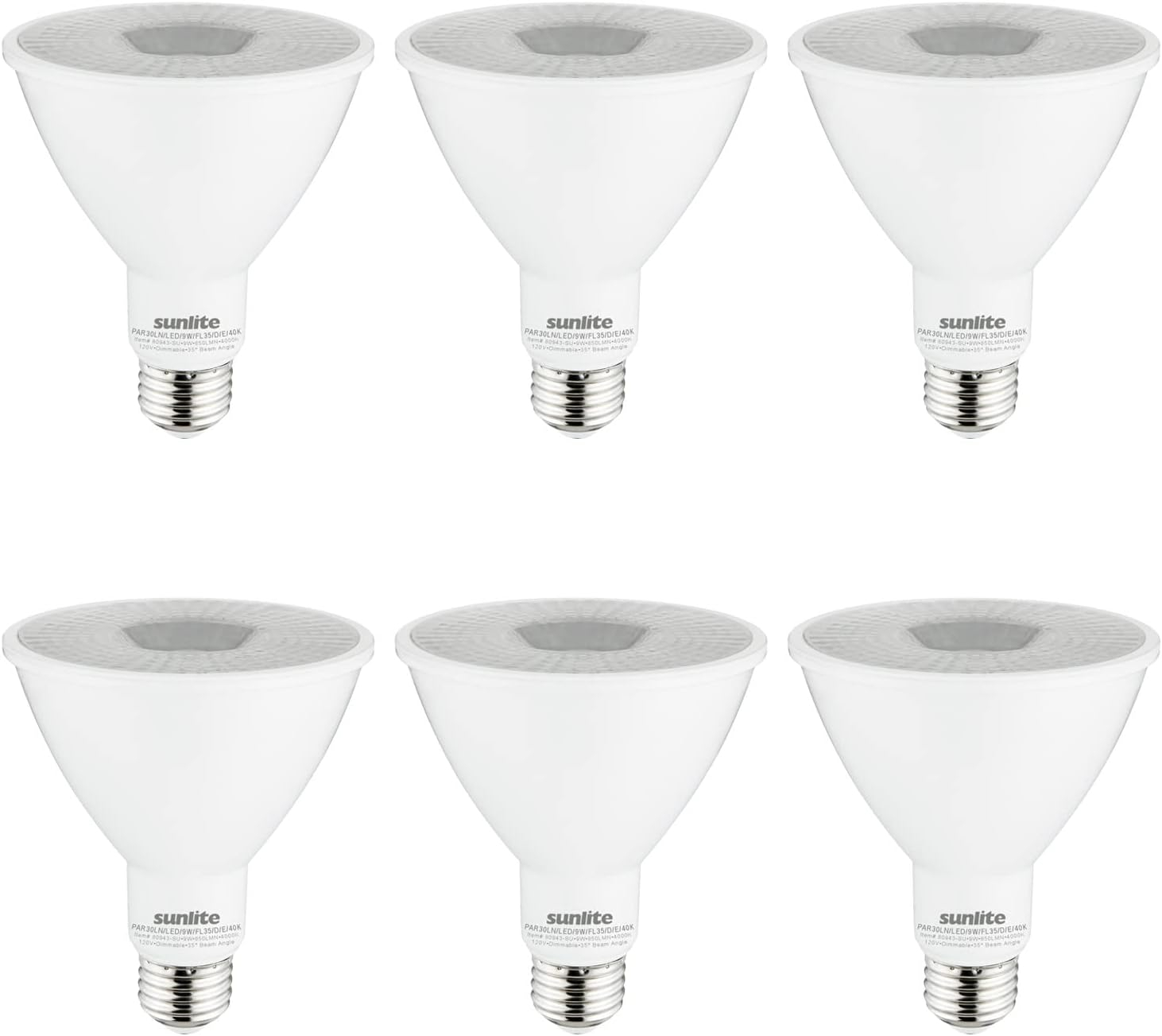 Sunlite LED PAR30 Long Neck Light Bulb, 9 Watt (75W Equiv), Medium E26 Base, Dimmable, Frosted, UL Listed, 4000K Cool White, 6-Pack