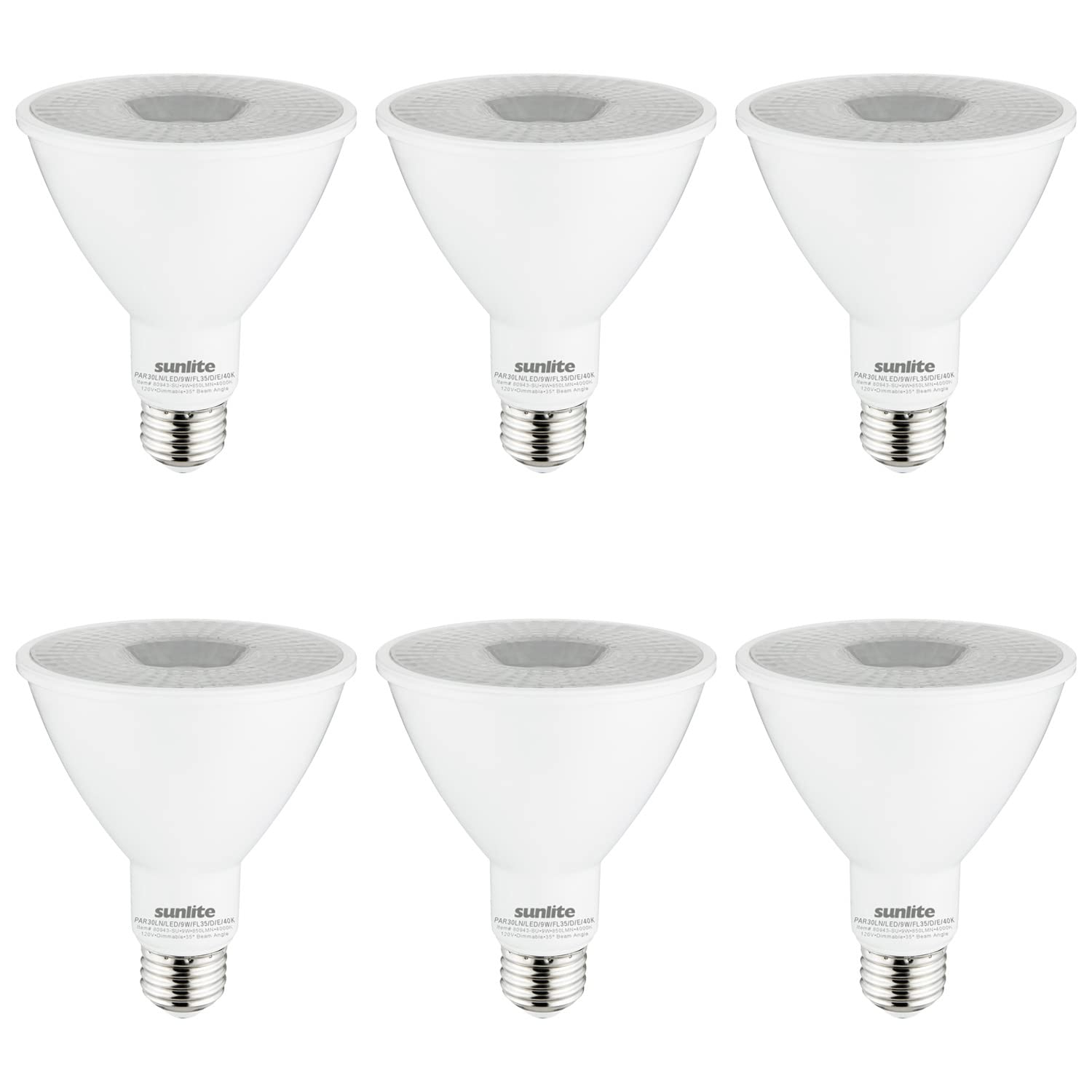 Sunlite LED PAR30 Long Neck Light Bulb, 9 Watt (75W Equiv), Medium E26 Base, Dimmable, Frosted, UL Listed, 4000K Cool White, 6-Pack