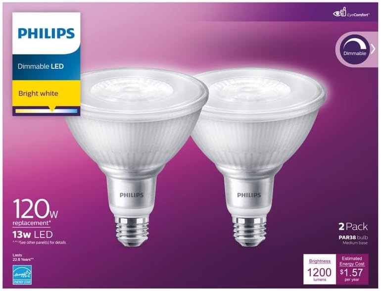 Philips LED 120-Watt PAR38 In/Outdoor Flood Light Bulb, Bright White, Dimmable, 40° Beam Spread, E26 Medium Base (2-Pack)
