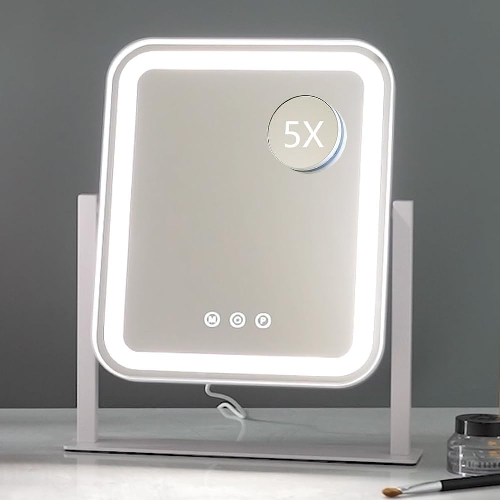 HIEEY Lighted Makeup Mirror, Hollywood Vanity Mirror with Lights, Three Color Lighting Modes, and 5X Magnification Mirror, Smart Touch Control, 360°Rotation (14.1in,White,Gift Box)
