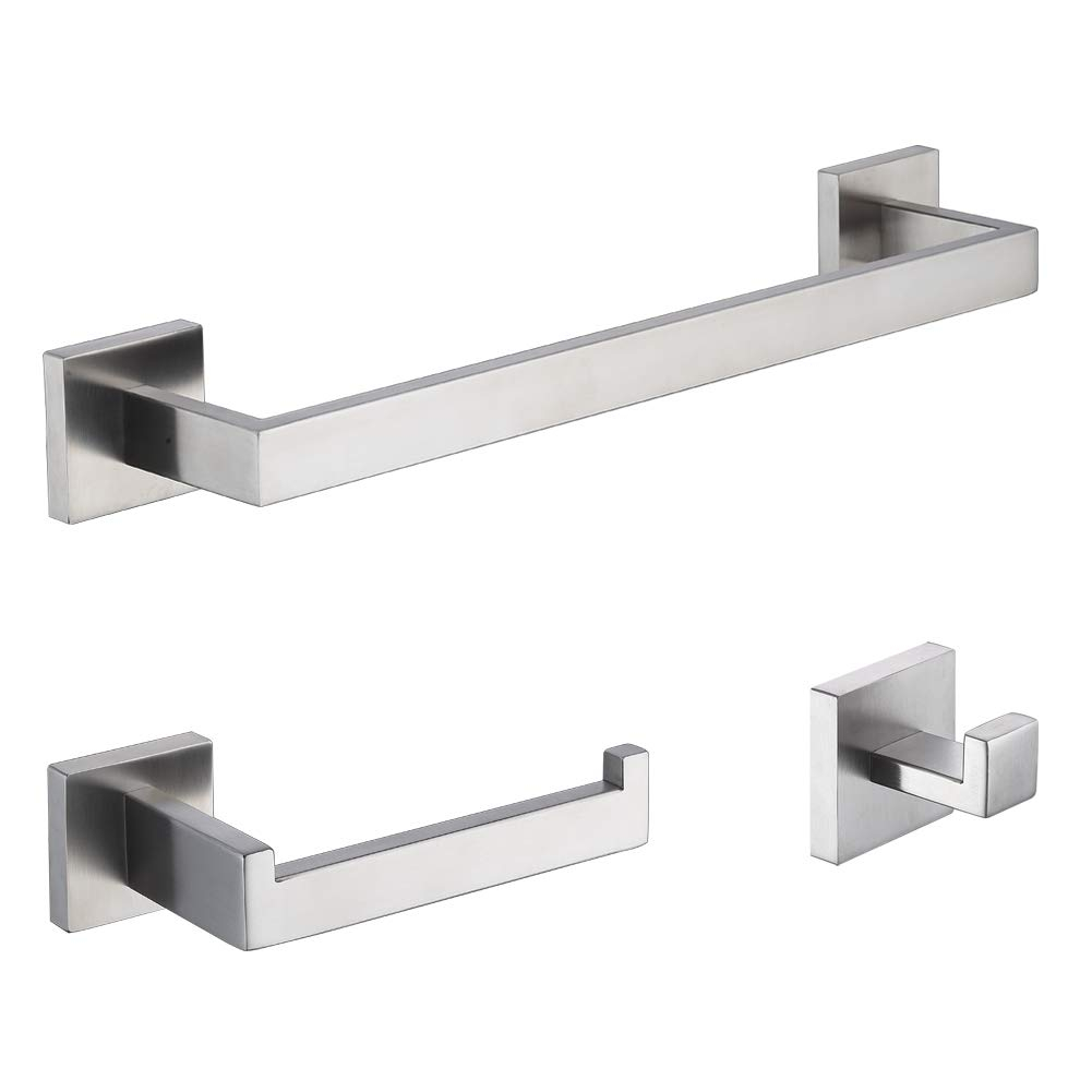 TASTOS 3-Piece Bathroom Hardware Set Brushed Nickel Wall Mounted Bathroom Accessory Set, Premium Stainless Steel Robe Hook Toilet Paper Holder 16-Inch Towel Bar (Silver)
