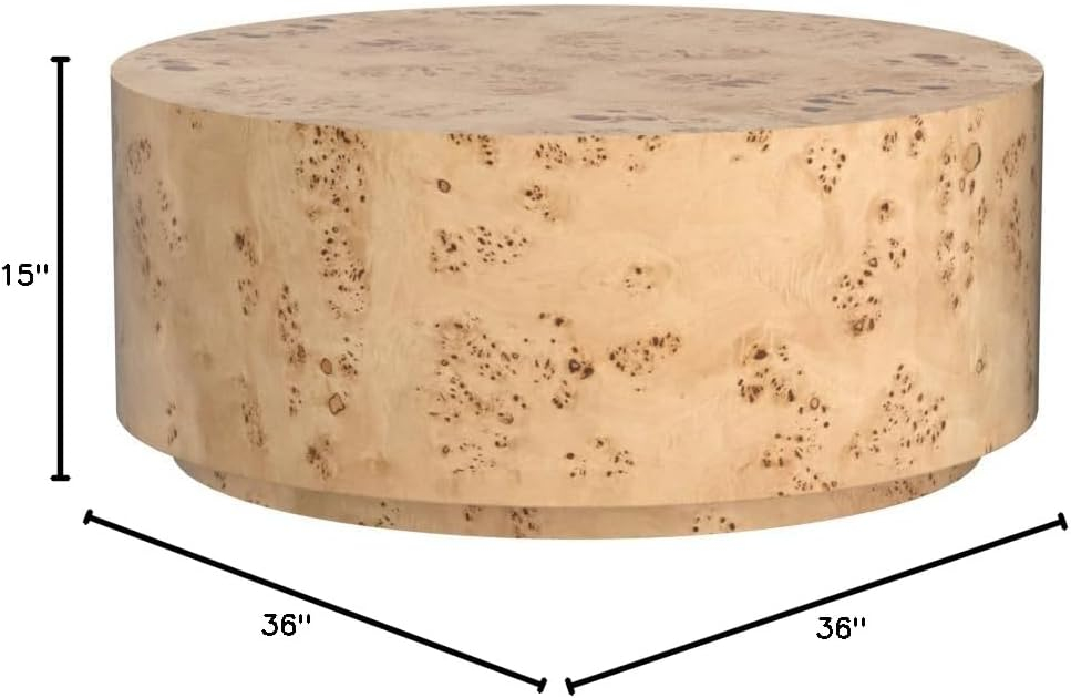 Natural Ash Burl Wood Round Coffee Table, 36"