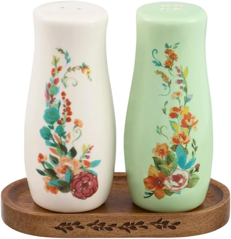 The Pioneer Woman Painted Meadow 3 Pieces Salt & Pepper Shakers with Acacia Wood Tray Set